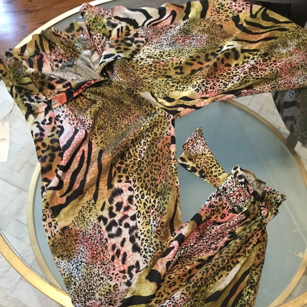 Animal print satin pants with waist and bottom tie